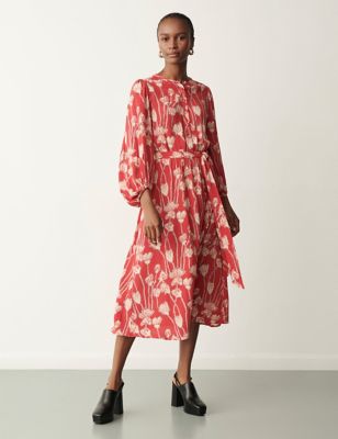 Finery London Womens Floral Round Neck Belted Midi Waisted dress - 12 - Red Mix, Red Mix
