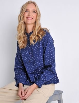 Burgs Womens Pure Cotton Printed Stand Collar Shirt - 14 - Navy Mix, Navy Mix