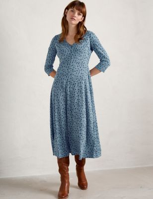 Seasalt Cornwall Womens Cotton Rich Floral V-Neck Midi Tea Dress - 12REG - Blue Mix, Blue Mix