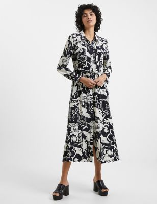 French Connection Womens Printed Tie Waist Midi Shirt Dress - 12 - Multi, Multi