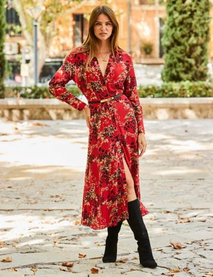 Sosandar Womens Floral Belted Midi Shirt Dress - 10 - Red Mix, Red Mix