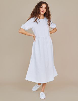 M&S Finery London Womens Linen Rich Embroidered Round Neck Midi Tea Dress