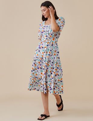 M&S Finery London Womens Pure Cotton Floral Midi Waisted Dress