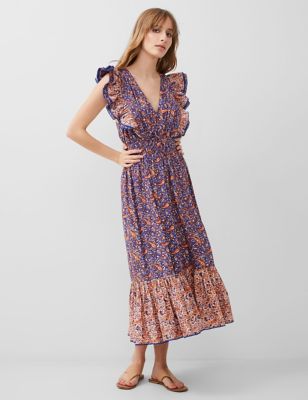 French Connection Womens Cotton Blend Paisley V-Neck Midi Tiered Dress - 6 - Multi, Multi