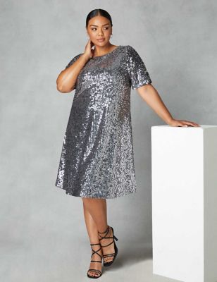 Live Unlimited London Womens Sequin Round Neck Knee Length Shift Dress - 14 - Grey, Grey