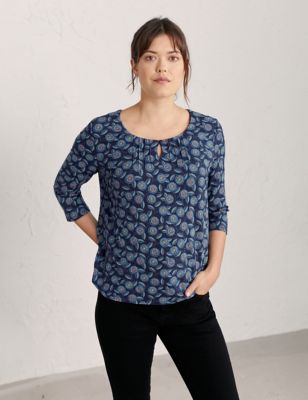 M&S Seasalt Cornwall Womens Floral Scoop Neck Top with Cotton