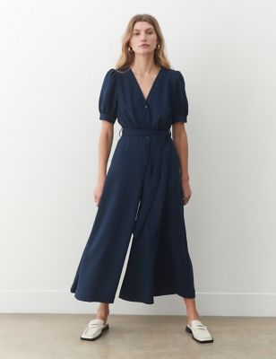 Finery London Womens Belted Cropped Wide Leg Jumpsuit - 18 - Navy, Navy