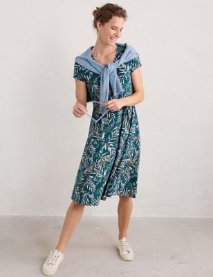Seasalt Cornwall Women's Cotton Rich Leaf Print V-Neck Waisted Dress - 10REG - Teal Mix, Teal Mix