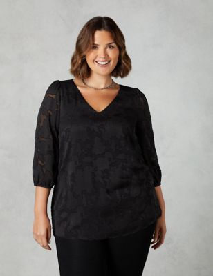 Live Unlimited London Womens Floral V-Neck Relaxed Puff Sleeve Blouse - 12 - Black, Black