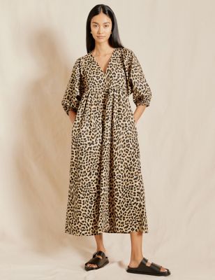 Albaray Womens Pure Cotton Animal Print V-Neck Midi Dress - 8 - Brown Mix, Brown Mix