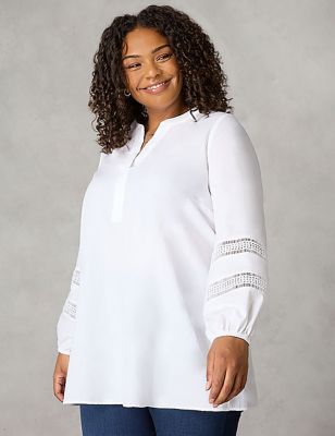 Live Unlimited London Womens Pure Cotton Collared Lace Insert Shirt - 14 - White, White