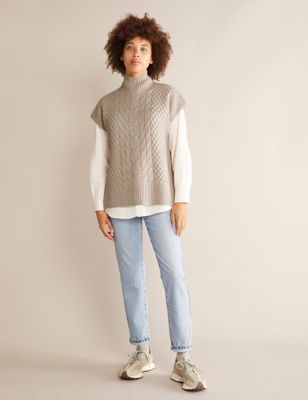 M&S Albaray Womens Cable Knit Funnel Neck Jumper with Wool