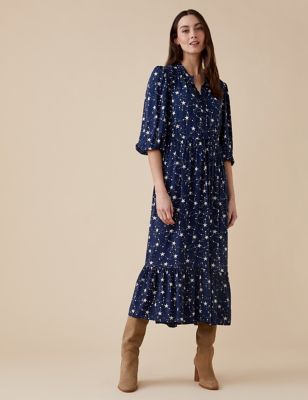 M&S Finery London Womens Star Print Blouson Sleeve Midi Tiered Dress