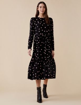 M&S Finery London Womens Polka Dot Round Neck Midi Tiered Dress