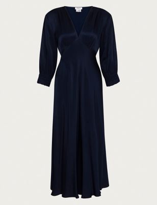 Ghost Womens Satin V-Neck Midi Waisted Dress - Navy, Navy