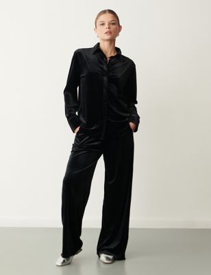 Finery London Womens Velvet Elasticated Waist Wide Leg Trousers - 8 - Black, Black