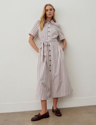 Finery London Women's Pure Cotton Striped Midaxi Shirt Dress - 8 - Brown Mix, Brown Mix