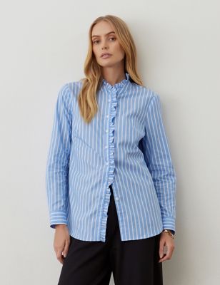 Finery London Women's Pure Cotton Striped High Neck Ruffle Shirt - 12 - Blue Mix, Blue Mix