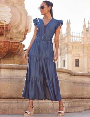 Sosandar Womens Cotton Rich V-Neck Maxi Tiered Dress - 8 - Indigo, Indigo