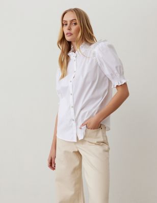 Finery London Womens Pure Cotton Frill Detail Shirt - 8 - White, White