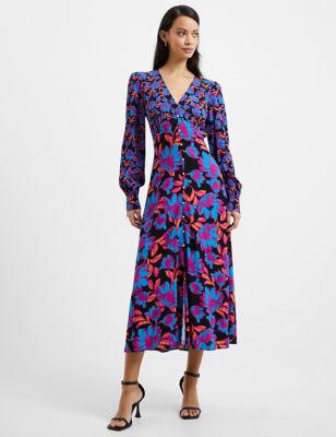 French Connection Women's Floral V-Neck Midi Waisted Dress - 8 - Multi, Multi