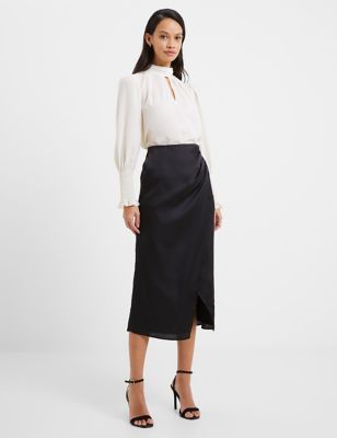 French Connection Womens Satin Midi Wrap Skirt - 12 - Black, Black