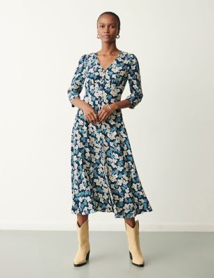 Finery London Womens Floral V-Neck Button Through Midi Tea Dress - 20 - Blue Mix, Blue Mix