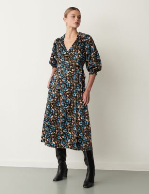 Finery London Womens Floral V-Neck Tie Detail Midi Wrap Dress - 10 - Black Mix, Black Mix