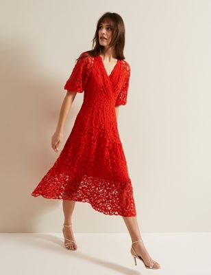 Phase Eight Women's Lace V-Neck Midi Wrap Dress - 20 - Red, Red