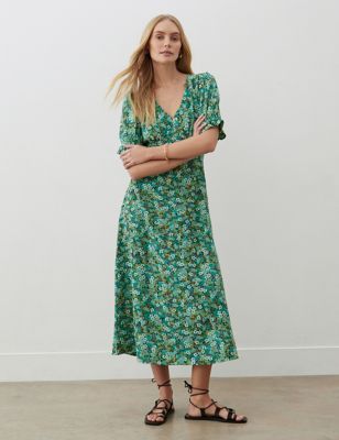 Finery London Womens Floral V-Neck Midaxi Tea Dress - 8REG - Green Mix, Green Mix