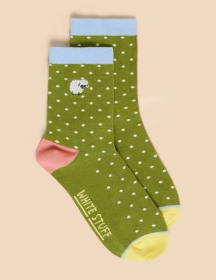 White Stuff Women's Cotton Rich Embroidered Sheep Ankle High Socks - 6-8 - Green Mix, Green Mix