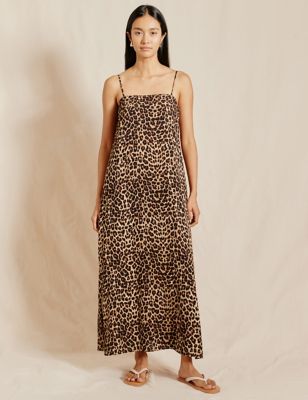 Albaray Womens Animal Print Square Neck Maxi Shirred Dress - 10 - Brown Mix, Brown Mix