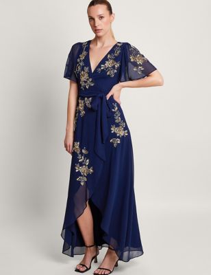 Monsoon Womens Embellished V-Neck Maxi Wrap Dress - 22 - Dark Blue, Dark Blue