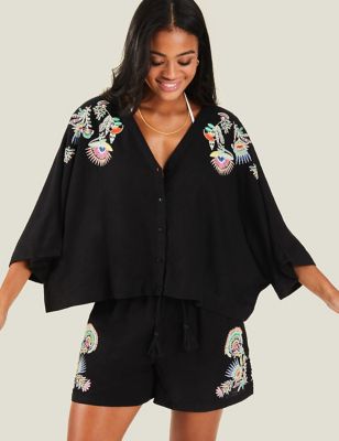 Accessorize Womens Pure Linen Embroidered V-Neck Beach Shirt - XL - Black, Black