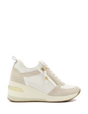 Dune London Womens Leather Wedge Suede Panel Trainers - 4 - White, White,Natural