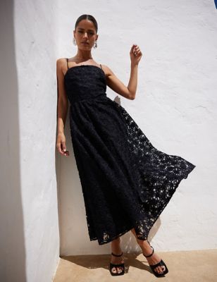 Ro&Zo Womens Embellished Square Neck Midi Waisted Dress - 12REG - Black, Black