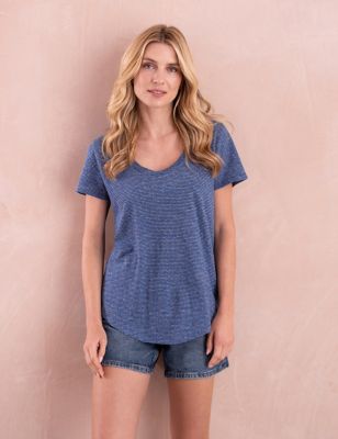 Celtic & Co. Womens Linen Blend Striped Scoop Neck T-Shirt - 8 - Blue Mix, Blue Mix