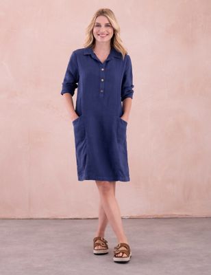 Celtic & Co. Womens Pure Linen Button Front Shirt Dress - 16 - Blue, Blue