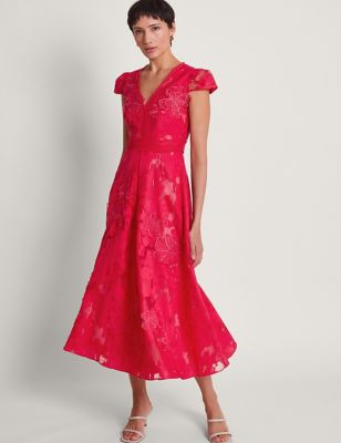 Monsoon Womens Floral Embroidered V-Neck Midi Waisted Dress - 8, Red