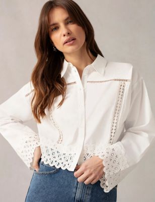 Ro&Zo Womens Pure Cotton Embroidered Collared Shirt - 12 - Ivory, Ivory