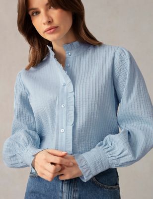 Ro&Zo Womens Pure Cotton Textured High Neck Blouse - 14 - Light Blue, Light Blue,White