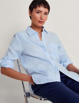 Monsoon Women's Pure Linen Collared Shirt - Blue, Blue