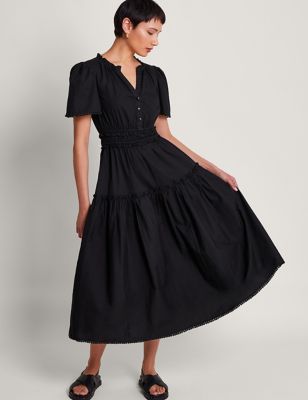 Monsoon Womens Pure Cotton Notch Neck Midi Waisted Dress - XXL - Black, Black