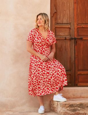 Live Unlimited London Womens Jersey Ditsy Floral Midi Wrap Dress - 12 - Red Mix, Red Mix,Blue Mix