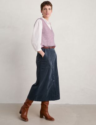Seasalt Cornwall Womens Cord Button Front Midi A Line Skirt - 12 - Navy, Navy