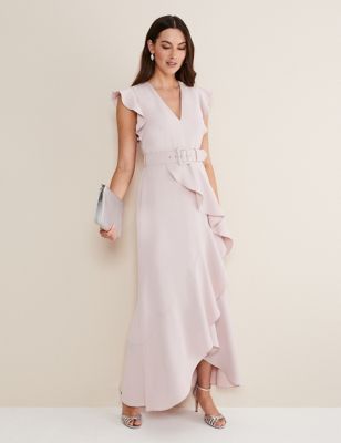 Phase Eight Womens V-Neck Belted Ruffle Maxi Waisted Dress - 10 - Light Pink, Light Pink
