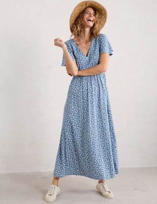 Seasalt Cornwall Womens Pure Cotton Floral V-Neck Maxi Dress - 18 - Blue Mix, Blue Mix