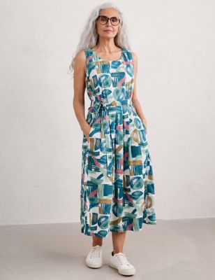 Seasalt Cornwall Womens Pure Cotton Geometric Midi Waisted Dress - 8 - Teal Mix, Teal Mix