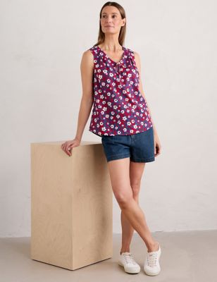 Seasalt Cornwall Womens Pure Cotton Floral V-Neck Vest Top - 22 - Red Mix, Red Mix