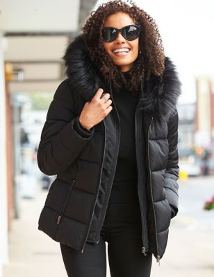 Sosandar Womens Padded Hooded Faux Fur Trim Puffer Jacket - 8 - Black, Black
